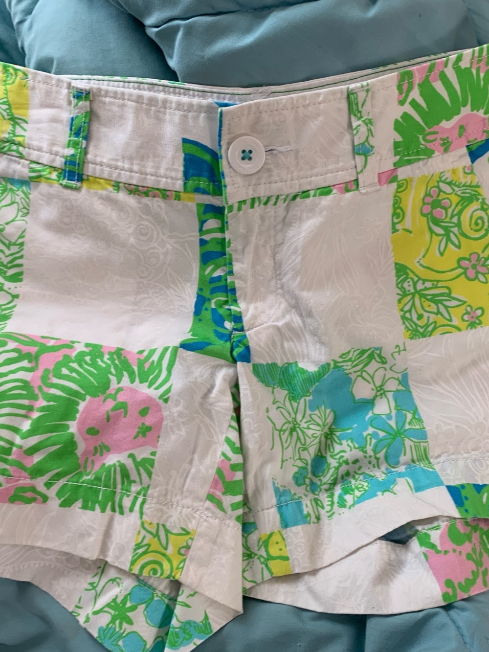 Lilly Pulitzer White Patchwork Floral High Waist Shorts in Green, Pink & Blue